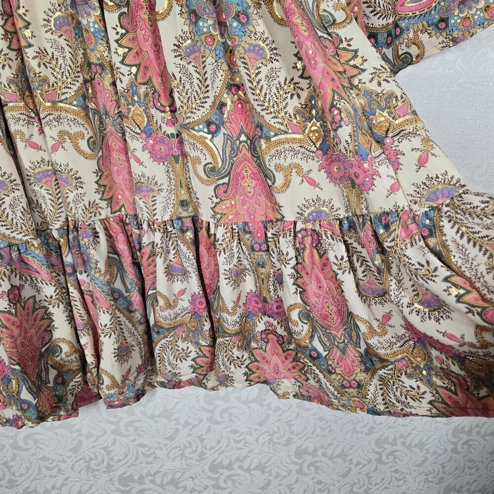 Paani Dress L Pink Paisley Smocked Bell Sleeve Boho Glam Ruffle - Picture 6 of 13